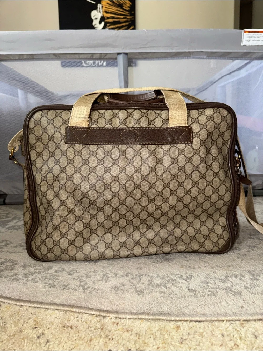 Vintage Gucci Beige Monogram Travel Bag with Brown Trim